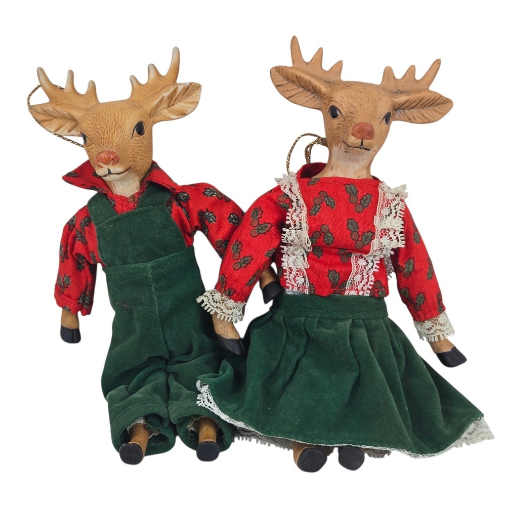 Vtg 1984 Enesco 2 Ceramic Reindeer Christmas Ornaments w Velvet Outfits 8" MINT